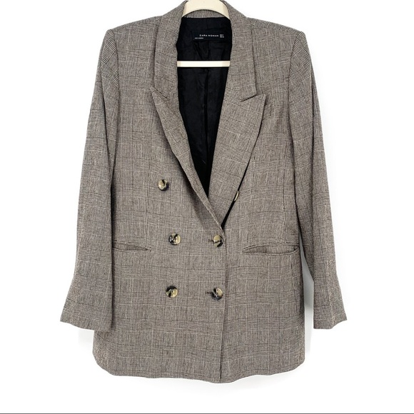 Zara Brown Checked Micro Plaid Double Breasted Overszied Blazer Size M - Picture 4 of 10